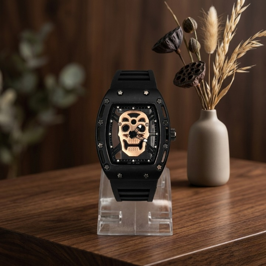 Luxury Non-Waterproof Skull Skeleton Concept Watch – Bold Tonneau Case with Sporty Silicone Strap (Without Box) - Black