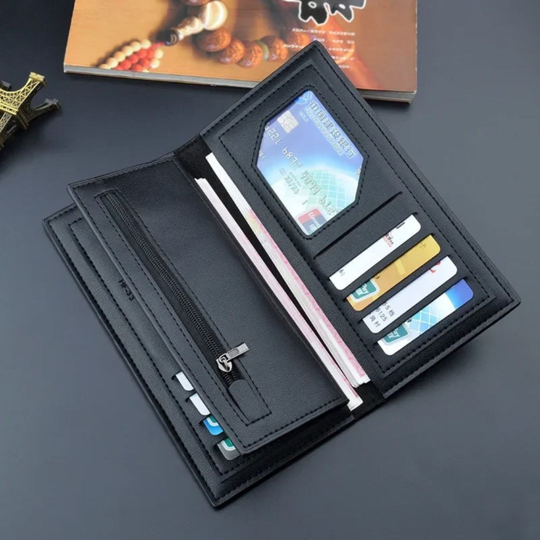Long Wallet Purse – Contrast Band Design with Card Slots & Zipper Pocket Black
