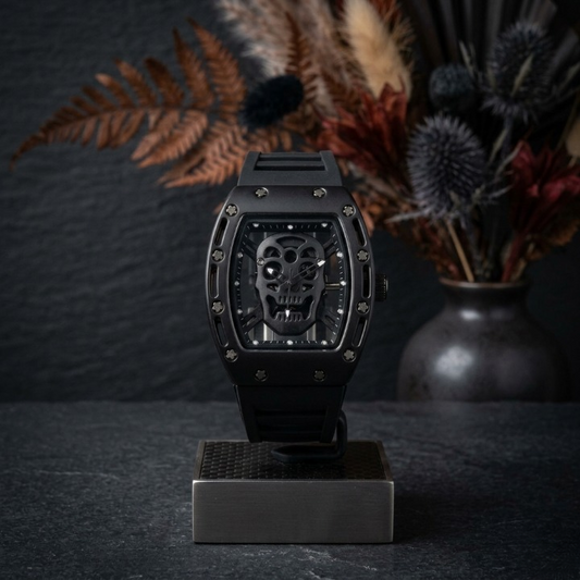 Luxury Non-Waterproof Skull Skeleton Concept Watch – Bold Tonneau Case with Sporty Silicone Strap (Without Box) - Black