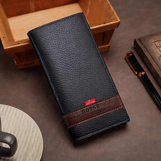 Long Wallet Purse – Contrast Band Design with Card Slots & Zipper Pocket Black
